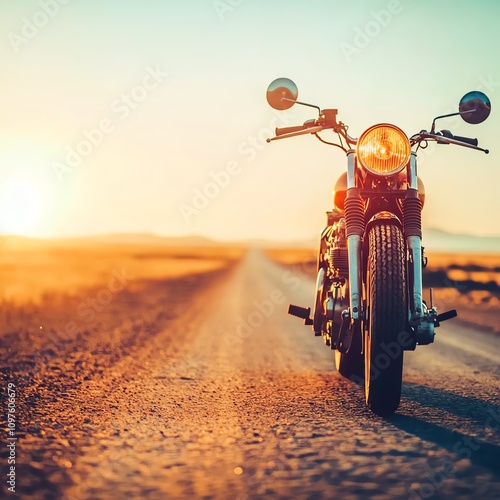 Vintage motorcycle on a dirt road at sunset, warm colors, scenic view.