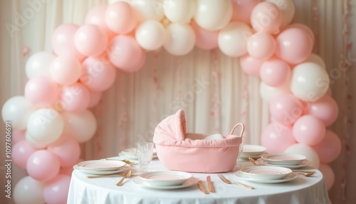 Adorable Baby Shower Setup: Pink Balloon Arch, Elegant Table Setting, and a Sweet Baby Basket