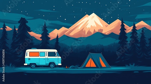 A serene camping scene with a vintage van and a tent near mountains under a starry sky.