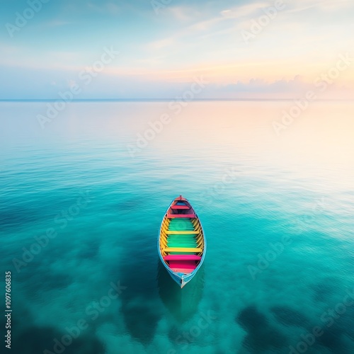 A vibrant, colorful boat floats peacefully on calm waters at sunrise.