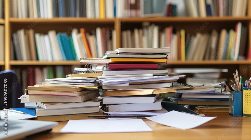 A teacher desk filled with neatly organized homework piles, showcasing a well-structured classroom and the preparation of assignments. A teacher desk filled with neatly organized homework piles, showcasing a well-structured classroom and the preparation of assignments.