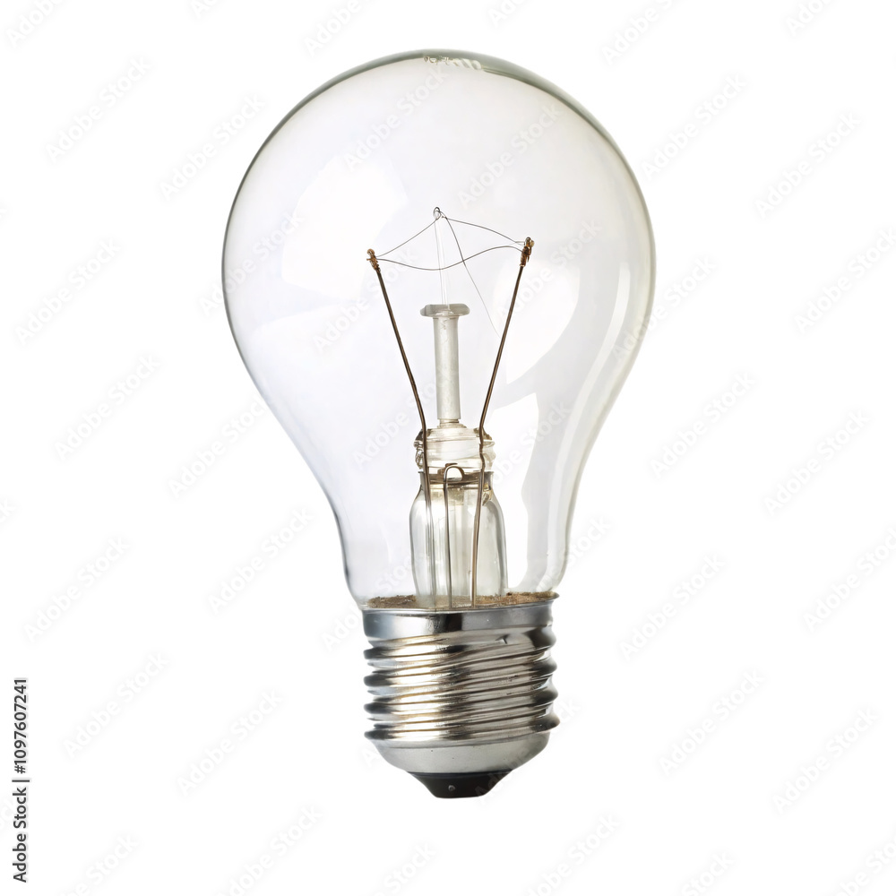 A classic unlit bulb with visible filament details, clean glass surface, and a polished metallic screw base, isolated on a transparent background