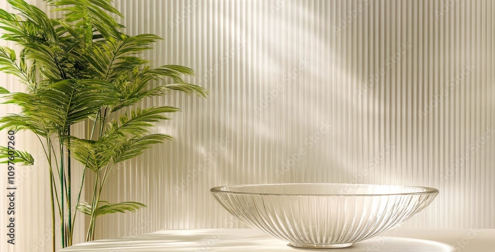 Modern Minimalist Silver Round Table with Banana Tree and Reeded Glass Partition for Organic Beauty Product Display Modern Minimalist Silver Round Table with Banana Tree and Reeded Glass Partition for Organic Beauty Product Display
