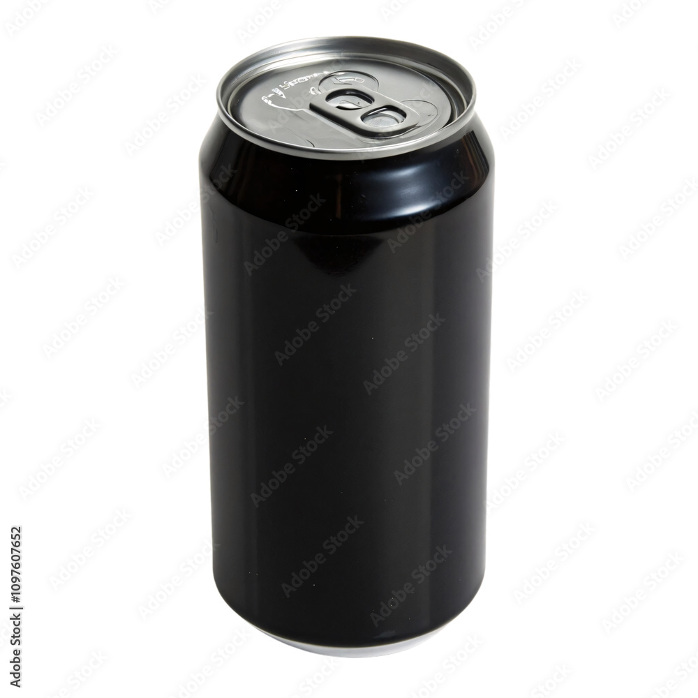 A glossy black soda can with a reflective surface and smooth finish, embodying simplicity and modernity, isolated on a transparent background A glossy black soda can with a reflective surface and smooth finish, embodying simplicity and modernity, isolated on a transparent background