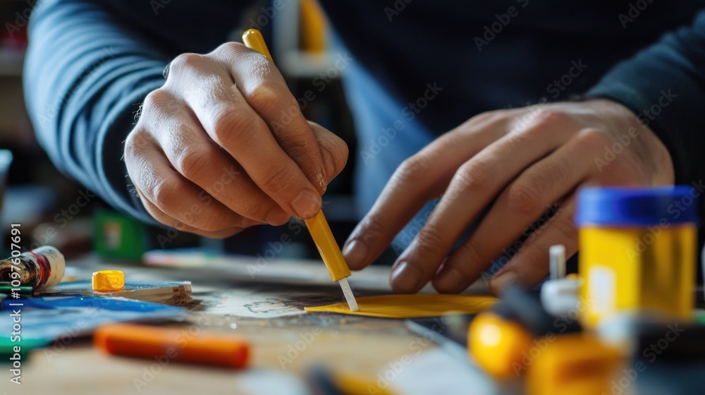 Precise Craftsmanship: A Close-Up of Hands Carefully Using a Tool on a Yellow Surface Precise Craftsmanship: A Close-Up of Hands Carefully Using a Tool on a Yellow Surface