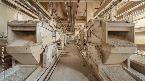 A wide-angle view of industrial furnaces in a gypsum board production facility, lined up in rows for efficient drying and processing.