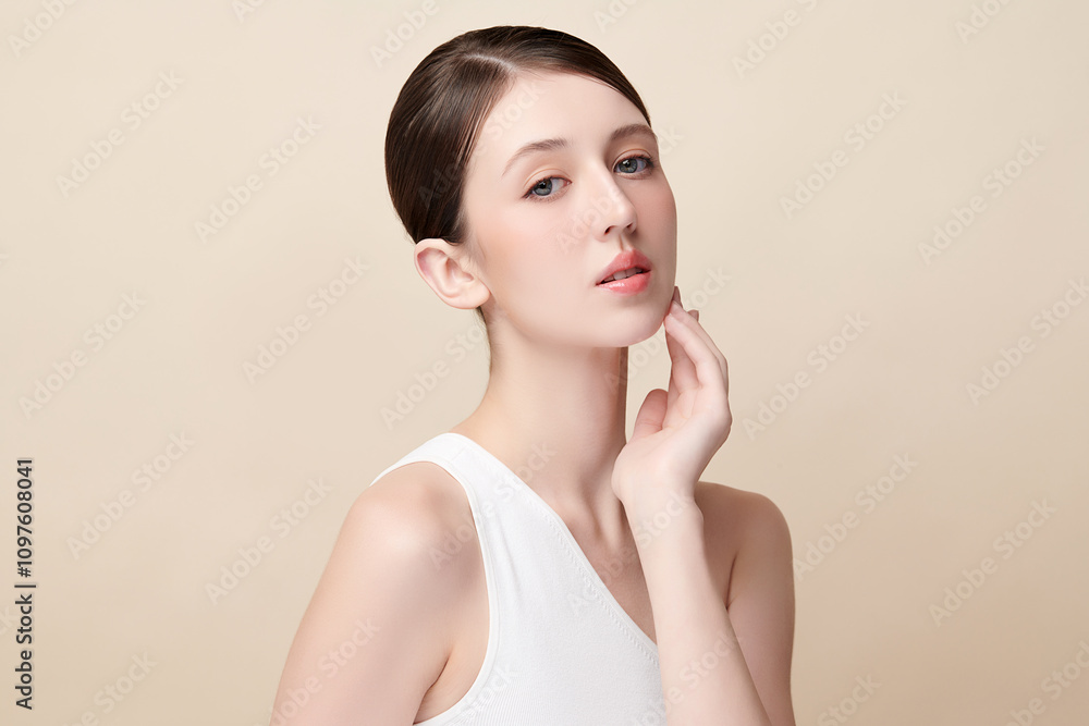 Beautiful young woman with clean fresh skin on beige background, Face care, Facial treatment, Cosmetology, beauty and spa, women portrait. Beautiful young woman with clean fresh skin on beige background, Face care, Facial treatment, Cosmetology, beauty and spa, women portrait.