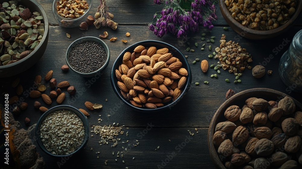 An elegant arrangement of various nuts and seeds on a background, focusing on the rich textures and natural beauty of these healthy snacks. An elegant arrangement of various nuts and seeds on a background, focusing on the rich textures and natural beauty of these healthy snacks.