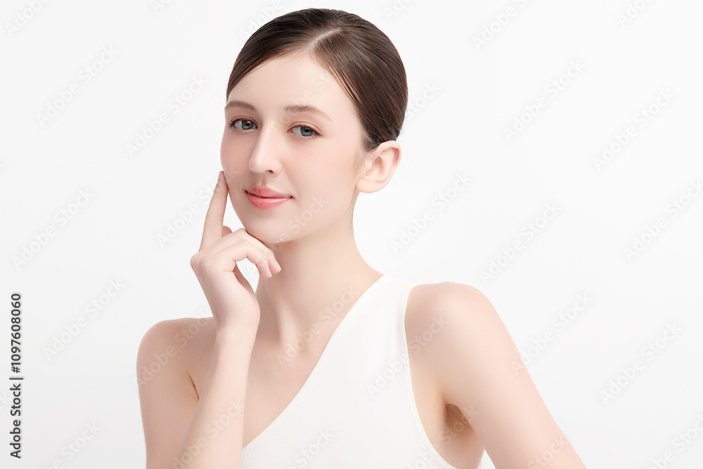 Beautiful young woman with clean fresh skin on white background, Face care, Facial treatment, Cosmetology, beauty and spa, women portrait. Beautiful young woman with clean fresh skin on white background, Face care, Facial treatment, Cosmetology, beauty and spa, women portrait.
