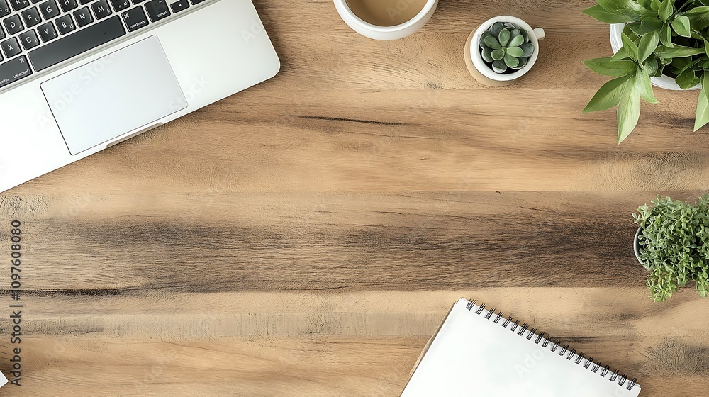 Wooden office desk table featuring laptop, plant and diary with copy space. Wooden office desk table featuring laptop, plant and diary with copy space.