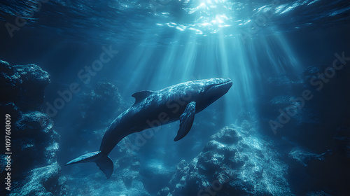 graceful whale gliding through deep ocean waters, illuminated by dramatic rays of sunlight breaking through the surface. Perfect for marine life and underwater exploration themes. photo