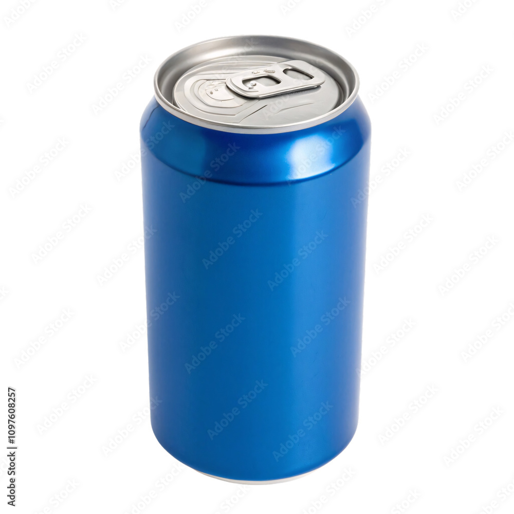 A shiny blue soda can with a silver pull-tab, presenting a standard design and a glossy finish, isolated on a transparent background A shiny blue soda can with a silver pull-tab, presenting a standard design and a glossy finish, isolated on a transparent background
