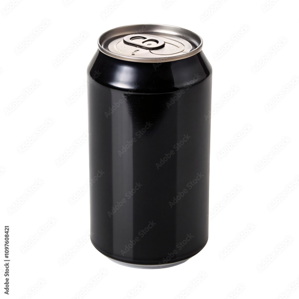 A solid black soda can, emphasizing its reflective, mirror-like finish and minimalistic aesthetic, isolated on a transparent background A solid black soda can, emphasizing its reflective, mirror-like finish and minimalistic aesthetic, isolated on a transparent background