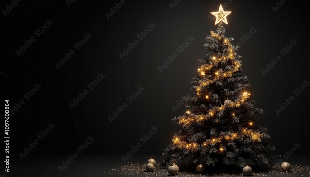 A Darkly Elegant Christmas Tree: Glimmering Lights and Gold Ornaments Against a Black Background, Minimalist Festive Decor A Darkly Elegant Christmas Tree: Glimmering Lights and Gold Ornaments Against a Black Background, Minimalist Festive Decor