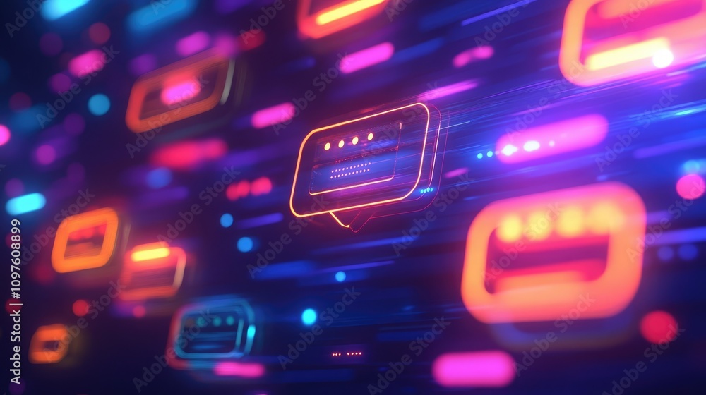 Glowing chat bubbles and AI data icons in a modern, digital interface, signifying intelligent conversations powered by AI. Glowing chat bubbles and AI data icons in a modern, digital interface, signifying intelligent conversations powered by AI.