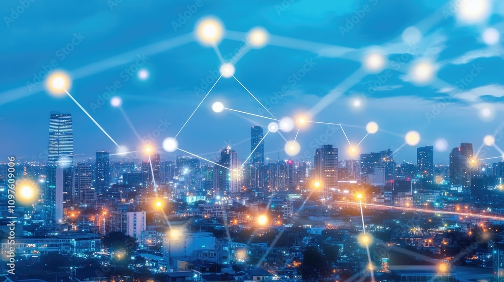 High-tech city grid with digital data points lighting up the skyline, showing the connection between urban growth and data analytics. High-tech city grid with digital data points lighting up the skyline, showing the connection between urban growth and data analytics.