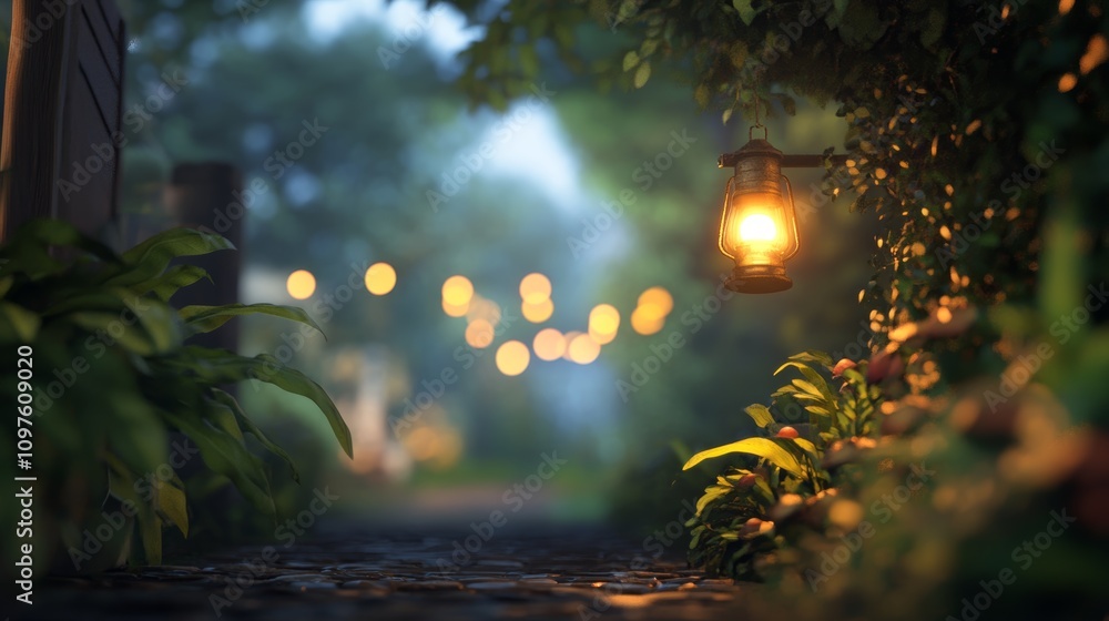 Serene garden path illuminated by lantern and string lights at twilight near lush greenery Serene garden path illuminated by lantern and string lights at twilight near lush greenery