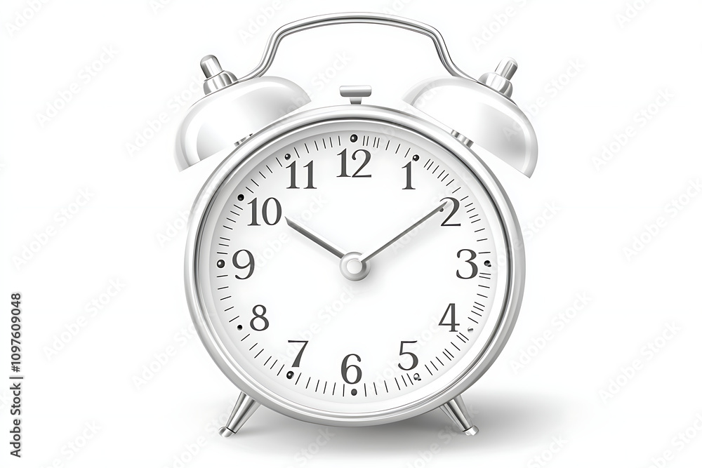 A classic white alarm clock displaying time with two bells on top. A classic white alarm clock displaying time with two bells on top.