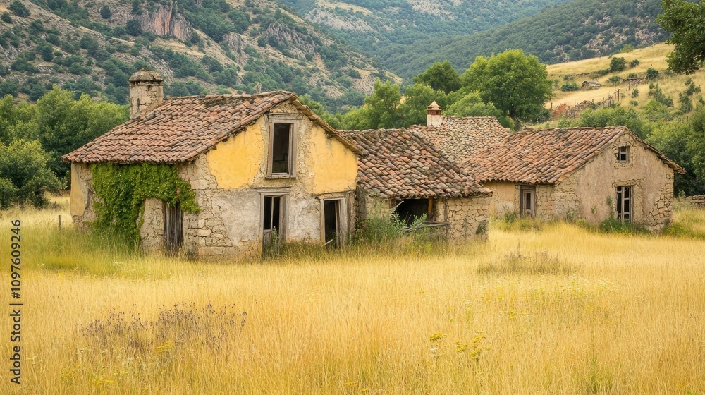 Overgrown and abandoned houses in a rural village in Salamanca, Spain, depicting the signs of depopulation and decay in the countryside. Overgrown and abandoned houses in a rural village in Salamanca, Spain, depicting the signs of depopulation and decay in the countryside.