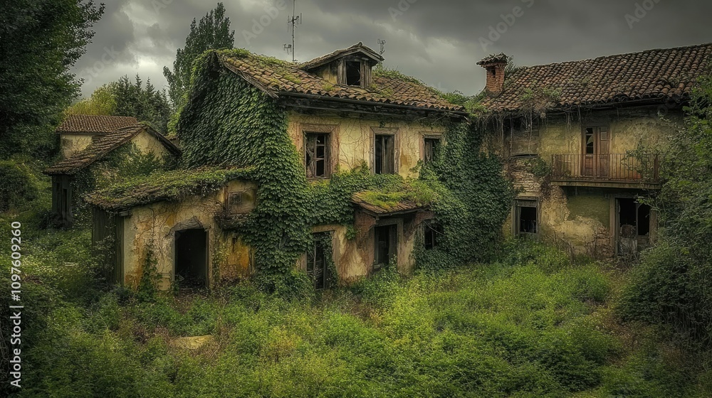 Overgrown and abandoned houses in a rural village in Salamanca, Spain, depicting the signs of depopulation and decay in the countryside. Overgrown and abandoned houses in a rural village in Salamanca, Spain, depicting the signs of depopulation and decay in the countryside.