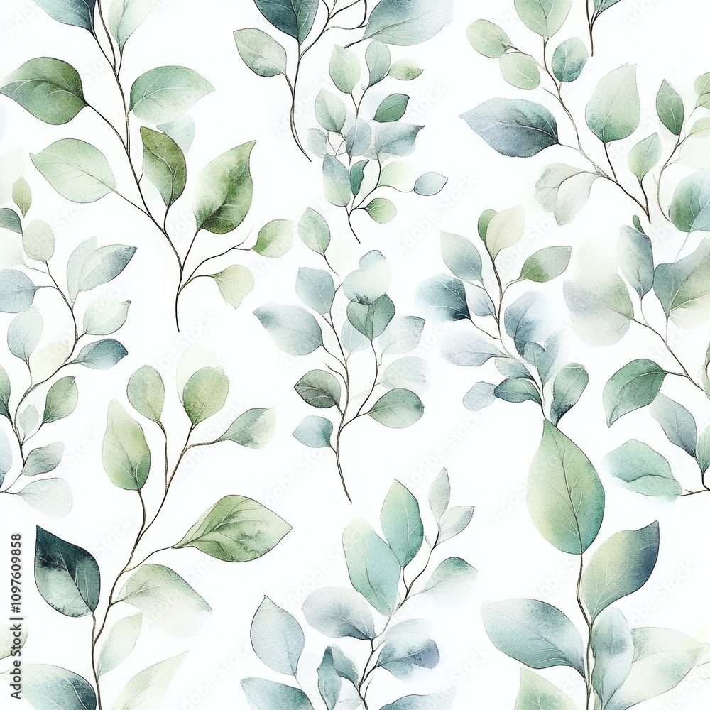 Watercolor Green Leaves and Branches Seamless Pattern on White Background for Botanical Art Decoration and Invitations Watercolor Green Leaves and Branches Seamless Pattern on White Background for Botanical Art Decoration and Invitations