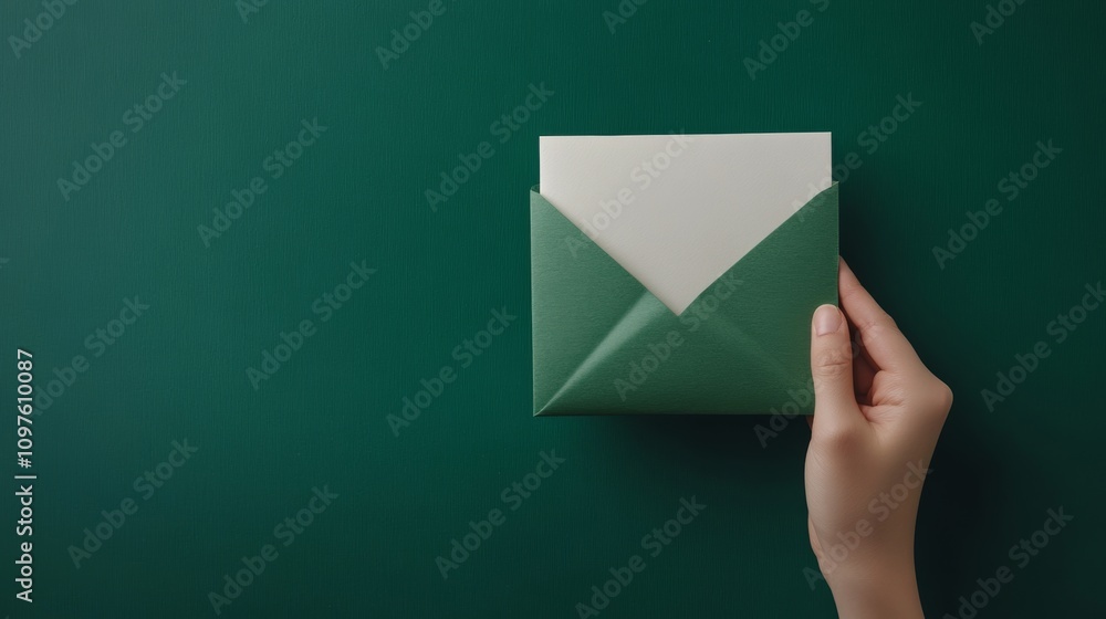 Hand holding a green envelope with a blank white card against a dark green background Hand holding a green envelope with a blank white card against a dark green background
