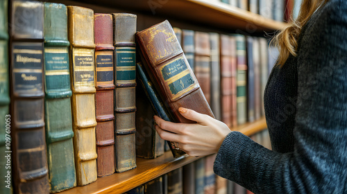 close-up of a person’s hand picking a classic book from a library shelf, showcasing rich, vintage book spines. Perfect for themes of literature, education, and history. Person Selecting a Book from  photo