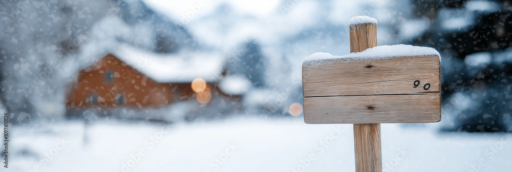 Naklejka premium A tranquil winter scene captures a wooden sign covered in snow, set against a soft-focus backdrop of a cabin and snowy landscape, symbolizing peace and solitude.