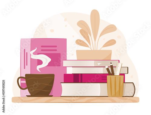 Stack of Books and a Cup of Coffee on Desk for Education Concept Illustration Clip Art