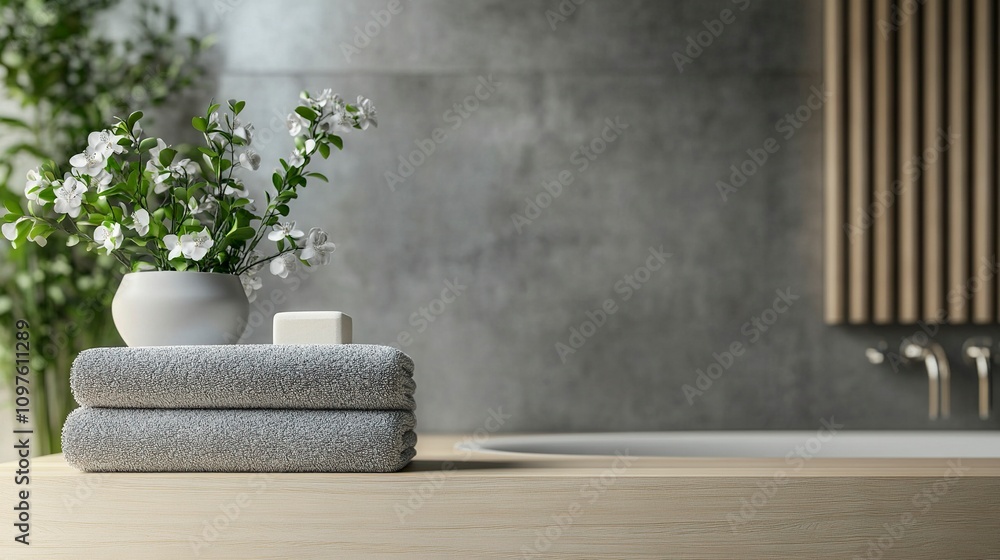 Podium for product display and towel on blurred bathroom background. Podium for product display and towel on blurred bathroom background.