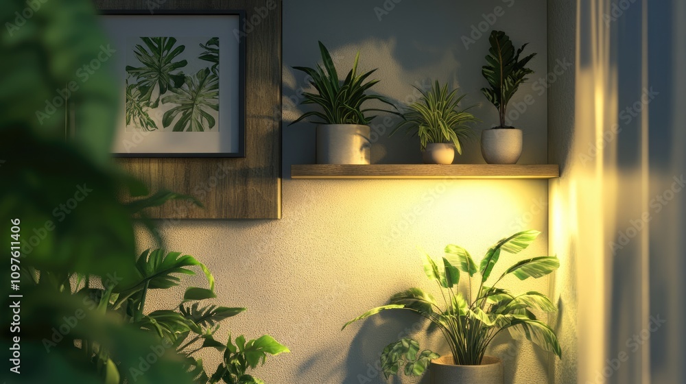 Obraz premium Lush Indoor Plants and Soft Lighting in Cozy Living Space Decor