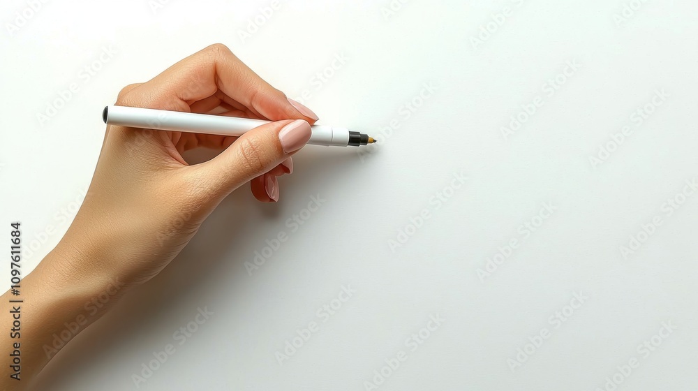 Close-up of a hand holding a white pen poised to write on a clean, blank white surface. Perfect for concepts of creativity or minimalism. Close-up of a hand holding a white pen poised to write on a clean, blank white surface. Perfect for concepts of creativity or minimalism.