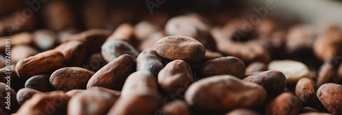 A close-up view of cocoa beans, bathed in warm light, highlighting their natural texture and rich tones, symbolizing the essence of chocolate production. photo