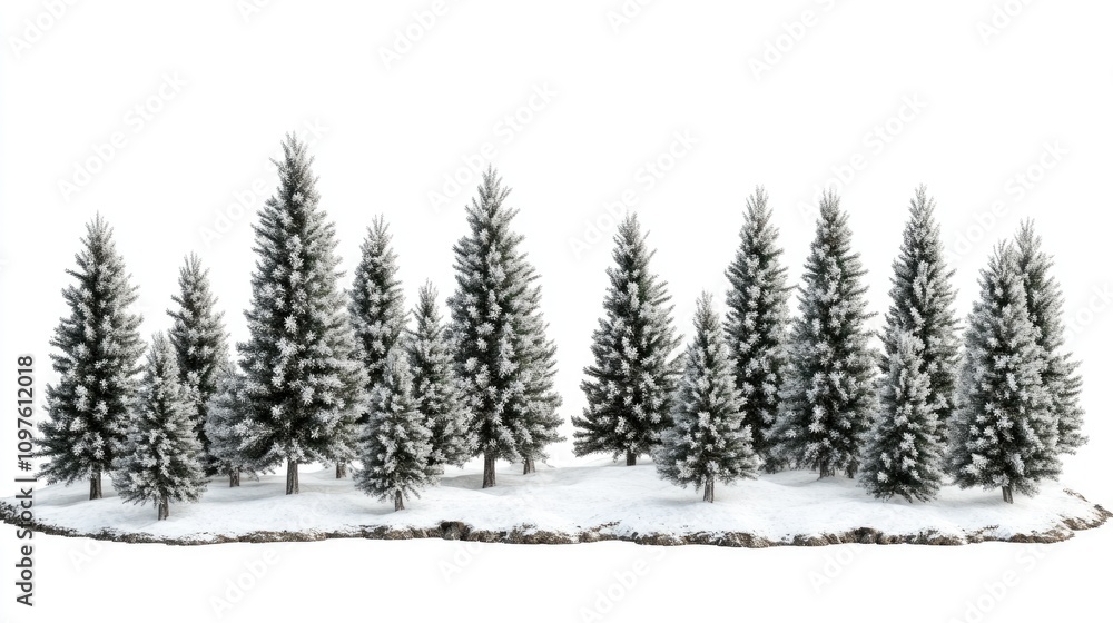 Snowy Evergreen Landscape with Pine Trees in Winter Setting Snowy Evergreen Landscape with Pine Trees in Winter Setting