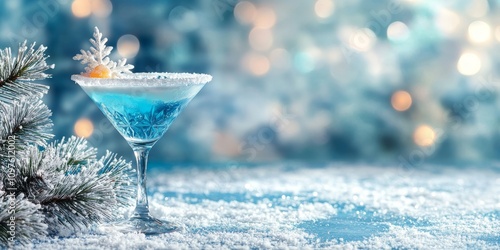 Blue martini with snowflake garnish and pine backdrop