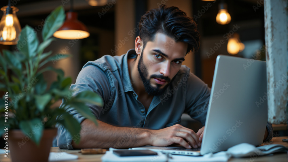 Focused Professional Working on Laptop in Modern Office Focused Professional Working on Laptop in Modern Office