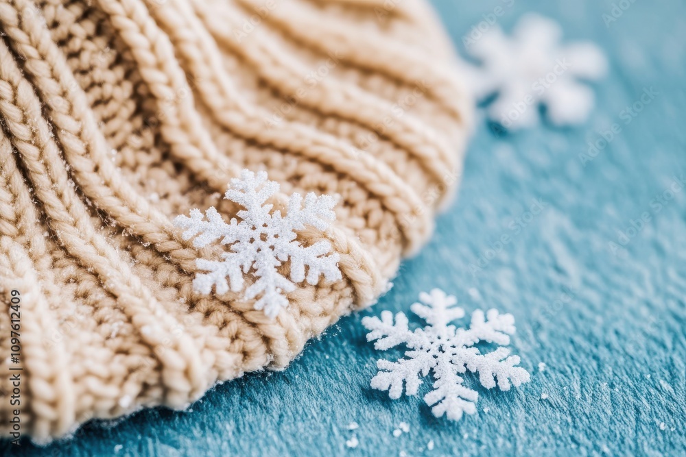 Cozy knit hat with decorative snowflakes on a textured background, perfect for capturing the essence of winter warmth and style. Cozy knit hat with decorative snowflakes on a textured background, perfect for capturing the essence of winter warmth and style.