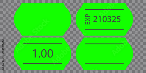 Self-adhesive green neon paper price tag with two stripes. Blank price label. Green sticker to indicate the expiration date. Vector illustration isolated on chequered background.
