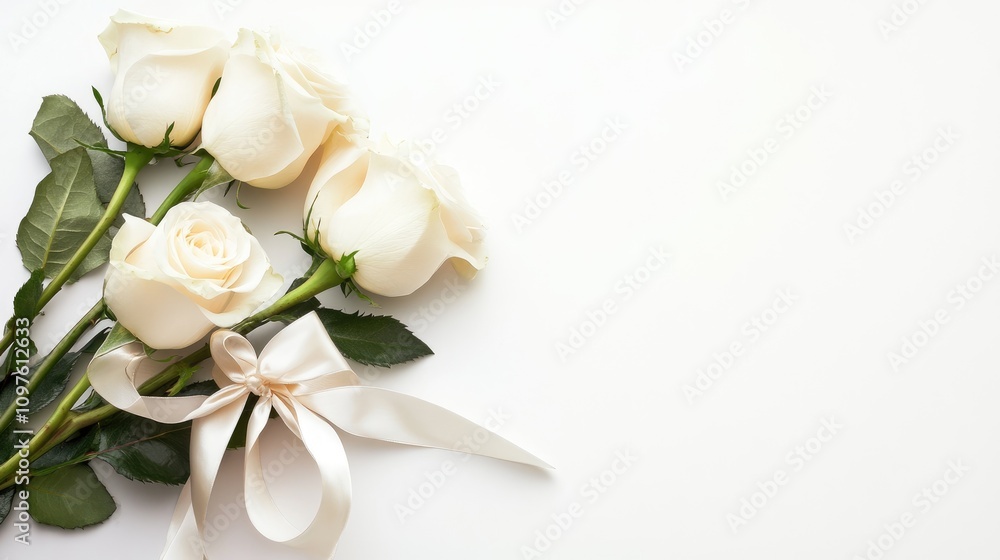 Elegant White Roses with Silk Ribbon on White Background Elegant White Roses with Silk Ribbon on White Background
