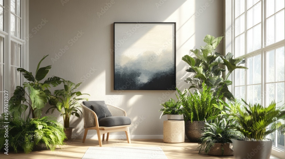 Cozy and Bright Living Room with Green Plants and Artwork Cozy and Bright Living Room with Green Plants and Artwork