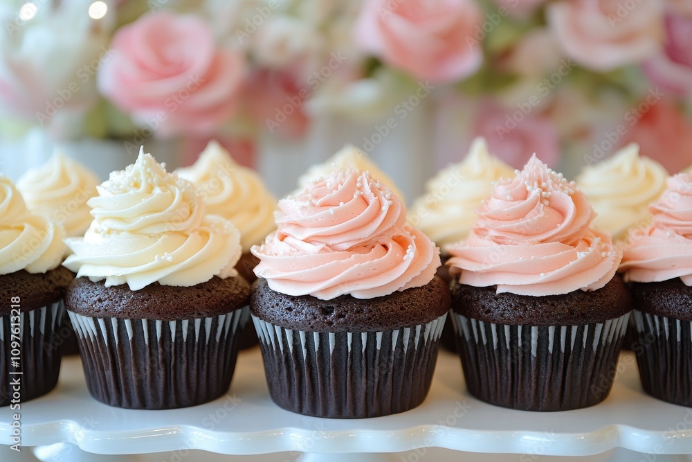 Assorted Cupcakes with Frosting in Bakery Setting Assorted Cupcakes with Frosting in Bakery Setting