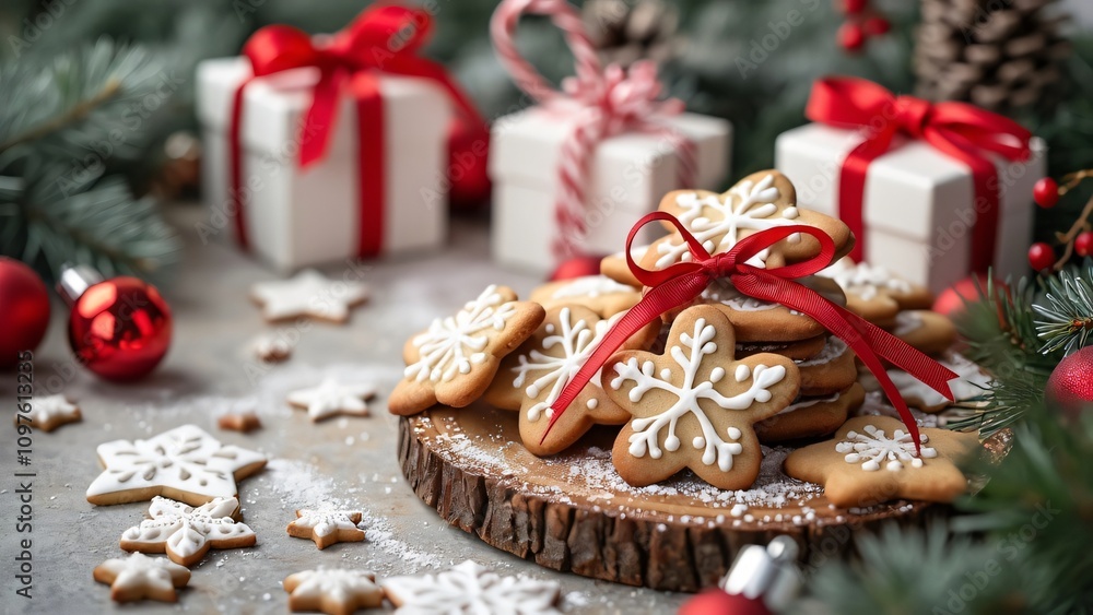 Festive Christmas Snowflake Cookies on Wooden Table Festive Christmas Snowflake Cookies on Wooden Table