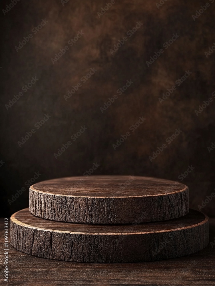Rustic wood podium display for food, perfume, jewellery and cosmetic products on dark brown background. Front view. Rustic wood podium display for food, perfume, jewellery and cosmetic products on dark brown background. Front view.