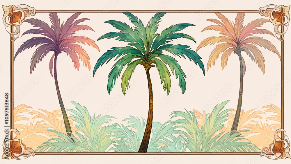 Fototapeta premium Vibrant tropical art featuring palm trees against a pastel sky in a decorative design