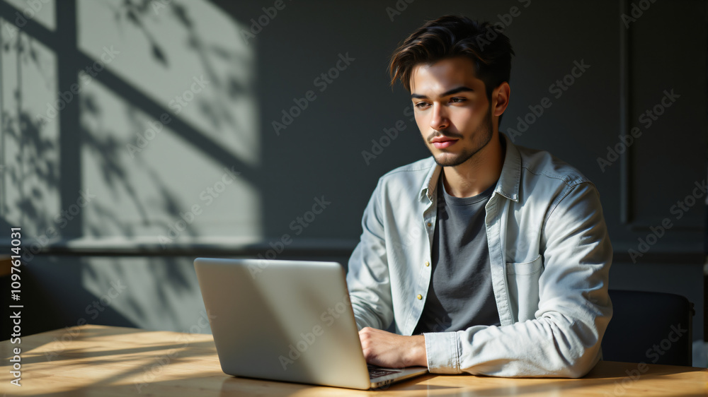 Young Man Working at Desk with Laptop, Light and Shadow Play Young Man Working at Desk with Laptop, Light and Shadow Play
