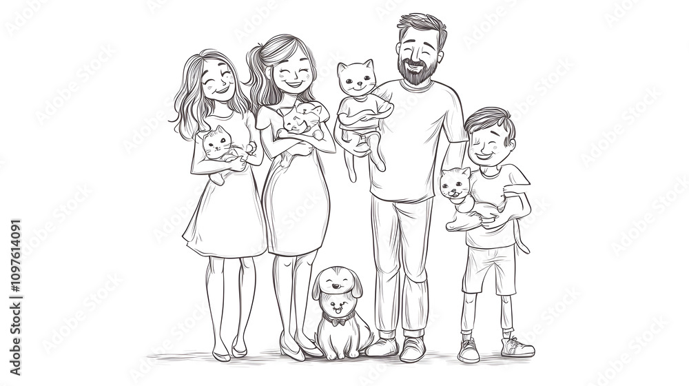 Playful cartoon illustration of a family holding their adorable pets, radiating joy, warmth, and togetherness in a fun and cheerful style. Playful cartoon illustration of a family holding their adorable pets, radiating joy, warmth, and togetherness in a fun and cheerful style.