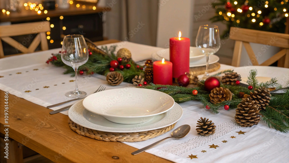 Fototapeta premium Christmas table.Festive Christmas Table with Free Space Surrounded by Pinecones, Red Candles, and Ornaments in a Cozy Setting