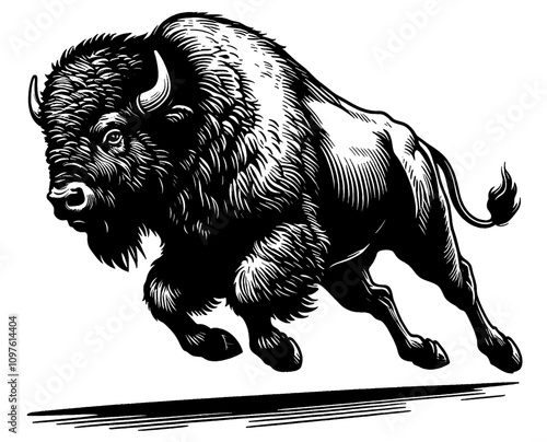 Full-length bison, black and white vector sketch isolated on white background	