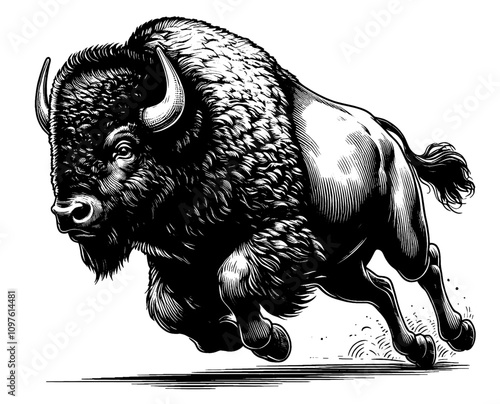 Full-length bison, black and white vector sketch isolated on white background	
