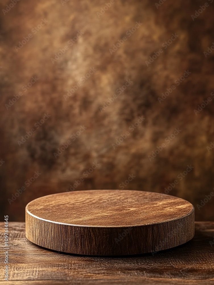 Rustic wood podium display for food, perfume, jewellery and cosmetic products on dark brown background. Front view. Rustic wood podium display for food, perfume, jewellery and cosmetic products on dark brown background. Front view.